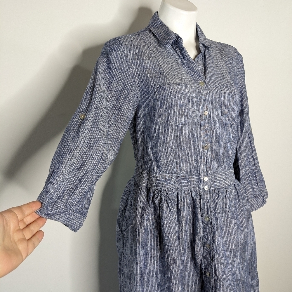 Malvin blue white stripe button down linen midi dress M - Picture 3 of 8